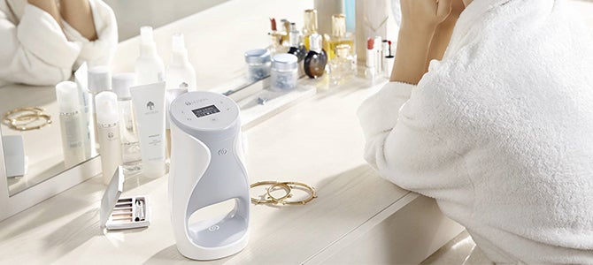 Personal ageLOC Me device on a vanity.